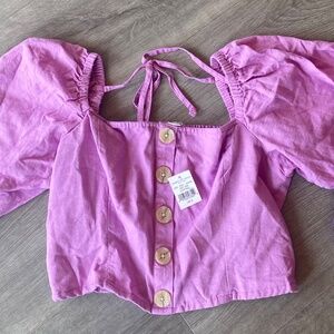 NWT American Eagle Sz S Cotton/Linen Button Front Cropped Top Balloon Slv